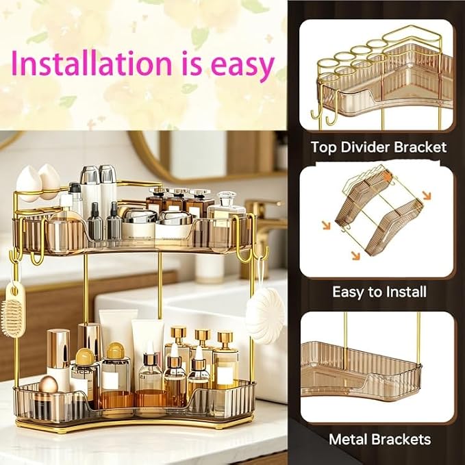 2-Tier Corner Bathroom Counter Organizer，Makeup & Skincare Shelf with Built-in Brush Holder，Space-Saving Bathroom Countertop Organizer for Skincare, Perfume, Cosmetics(Amber) - Image 4