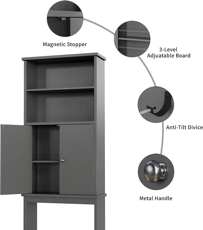 Shintenchi Over The Toilet Storage Cabinet, Bathroom Above The Toilet Rack, Bathroom Adjustable Shelf Organizer with Open Bottom Bar and Anti-Tip Device, Gray - Image 7