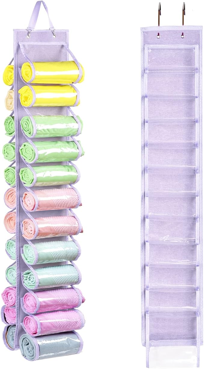 Legging Storage Bag Storage Hanger Can Holds 24 Leggings or Shirts Jeans Compartment Storage Hanger, Foldable Leggings Organizer Clothes Portable Closets Roll Holder (Light Purple) by RZMAYIS