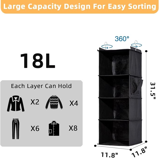 2 Packs Hanging Closet Organizer, 4-Shelf Closet Organizers and Storage with Side Pockets, Collapsible Hanging Shelves for Closet & RV & College Dorm,Black - Image 2
