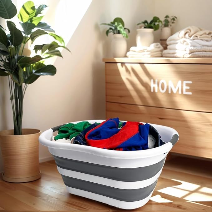 SAMMART 40L (10.5 gallon) Plastic Foldable Laundry Basket/Tub - Collapsible, Space Saving and Portable Laundry Hamper, Ideal for Home, Travel, Dorm, and Camping (1, White/Steel Gray) - Image 3