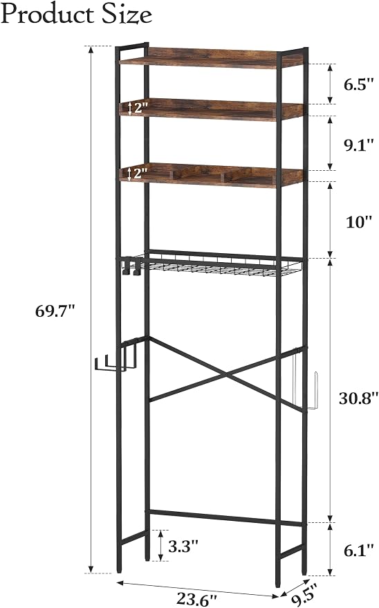 Quikraen 4 Tier Over The Toilet Storage Shelf with 3 Adjustable Shelves, Space Saver Bathroom Organizer with 4 Hooks, Freestanding Above Toilet Rack for Restroom Laundry (Brown) - Image 2