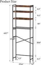 Quikraen 4 Tier Over The Toilet Storage Shelf with 3 Adjustable Shelves, Space Saver Bathroom Organizer with 4 Hooks, Freestanding Above Toilet Rack for Restroom Laundry (Brown) - Image 2