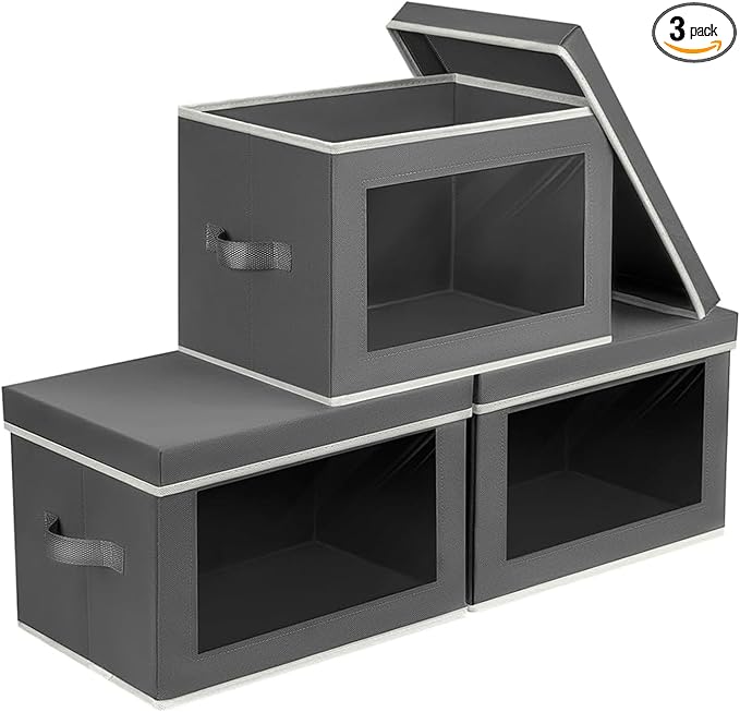 Homsorout Storage Bins with Lids - Small Fabric Organizers with Window, Collapsible Storage Bins for Clothes, Decorative Closet Organizers for Towels, Tshirt, 3 Pack, Dark Grey by Homsorout