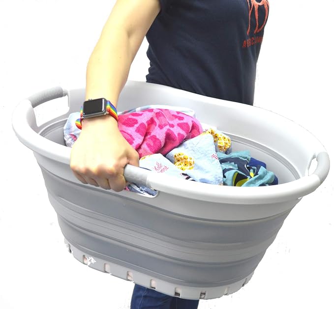 SAMMART 36L (9.5 gallon) Collapsible 3 Handled Plastic Laundry Basket-Foldable Pop Up Storage Container/Organizer-Space Saving Basket (3 handled Oval, Grey/Grey) - Image 4