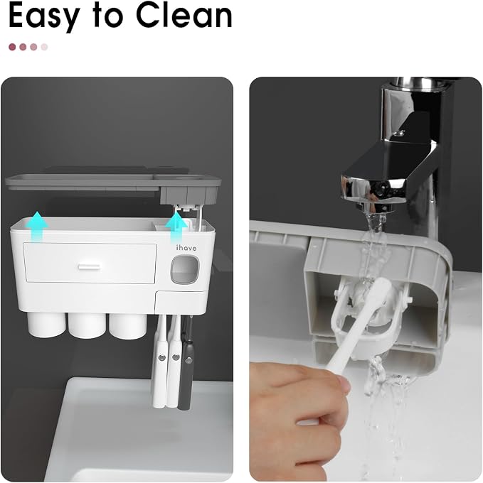iHave Toothbrush Holders Wall Mounted with Toothpaste Dispenser & 3 Cups - Image 7