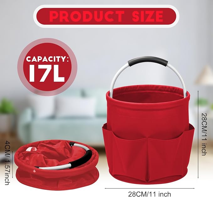 Cleaning Caddy for Cleaning Supplies,17L Cleaning Supply Caddy with Handle Foldable Cleaning Supplies Organizer Bucket Cleaning Products Organizers for Home, Garden (Red) - Image 2