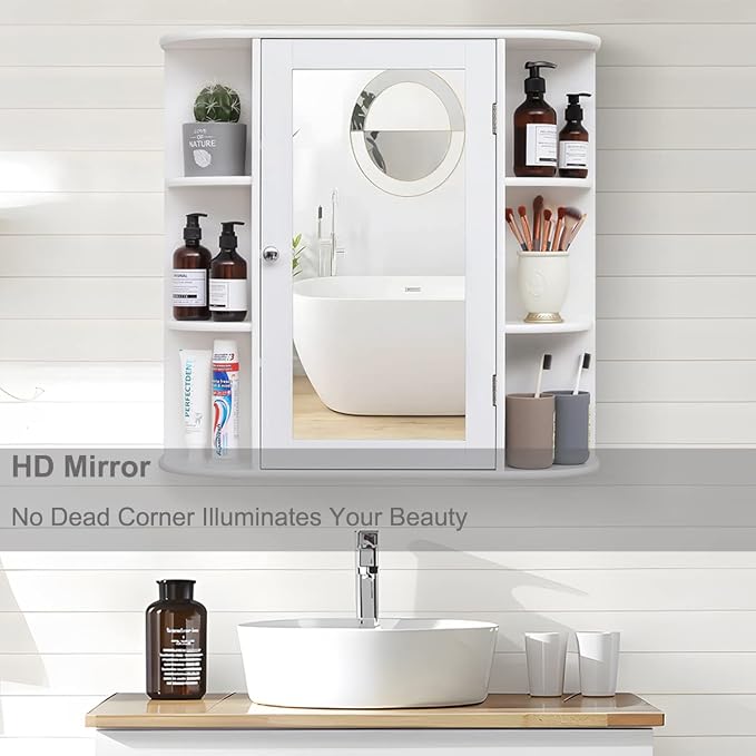 Iwell Bathroom Medicine Cabinet with Mirror, Bathroom Wall Cabinet with 2 Adjustable Shelves & 6 Open Shelves, Medicine Cabinet Organizer, Bathroom Cabinet Wall Mounted, White - Image 4