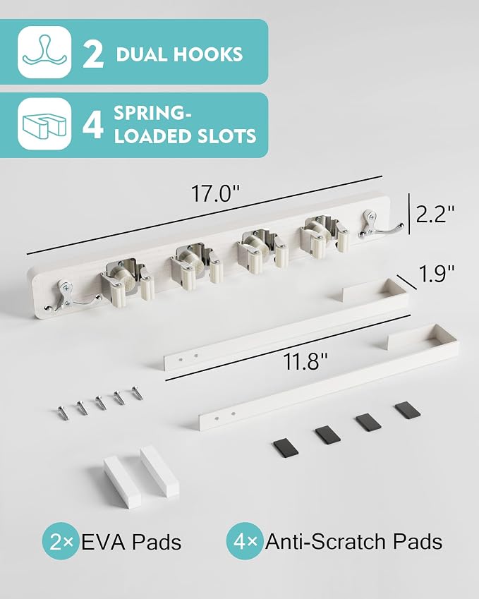 Mop and Broom Holder Wall Mount, No Drill Over the Door, White - Image 6