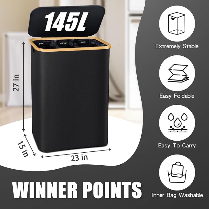 Hampers for Laundry Basket with Lid, 145L Large Laundry Hamper 3 Section - Image 6
