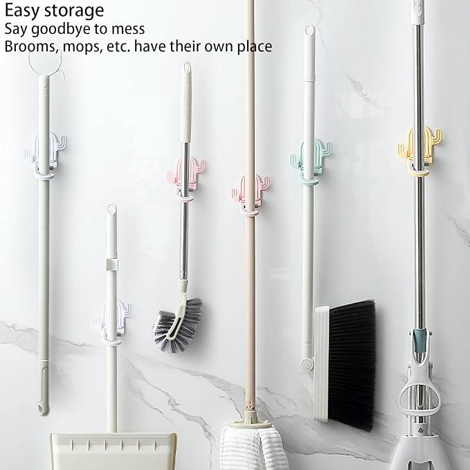 4 pack Broom and Mop Holder Wall Mount，Cute Cactus Wall Utility Hooks No Drill Mop and Broom GripperDecorative Hanging Holder for Bathroom Kitchen（White, Pink, Yellow, Mint Green） - Image 5