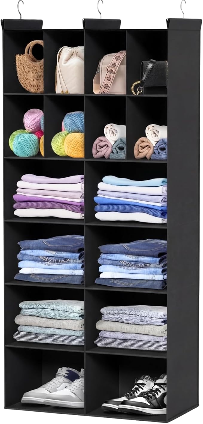 6 Tier Hanging Closet Organizer, 16 Compartments Dual Row Storage, Black | Closet Organizers and Storage with Large & Small Pockets, 3 Sturdy Hooks Support Heavy Loads, Ideal for Dorm, Garment Rack by Ofiray-home