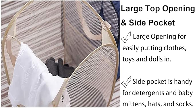 Larpur Popup Mesh Laundry Basket, Collapsible and Portable Clothes Washing Laundry Hamper with Reinforced Carry Handle (Beige) - Image 3