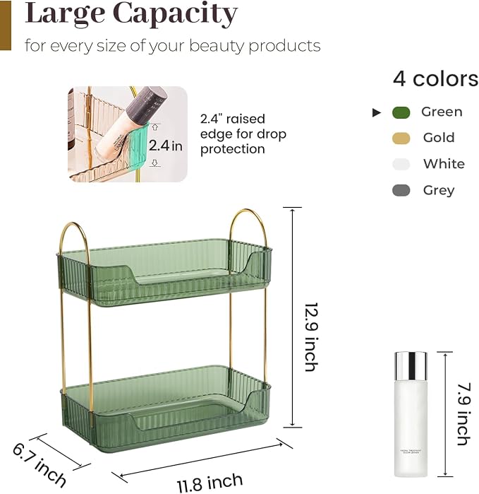 Aveniee Bathroom Counter Organizer, 2 Tier Perfume Skin Care Countertop Storage Shelf, Vanity Makeup Tray for Cosmetic Skincare Lotion,Green - Image 2