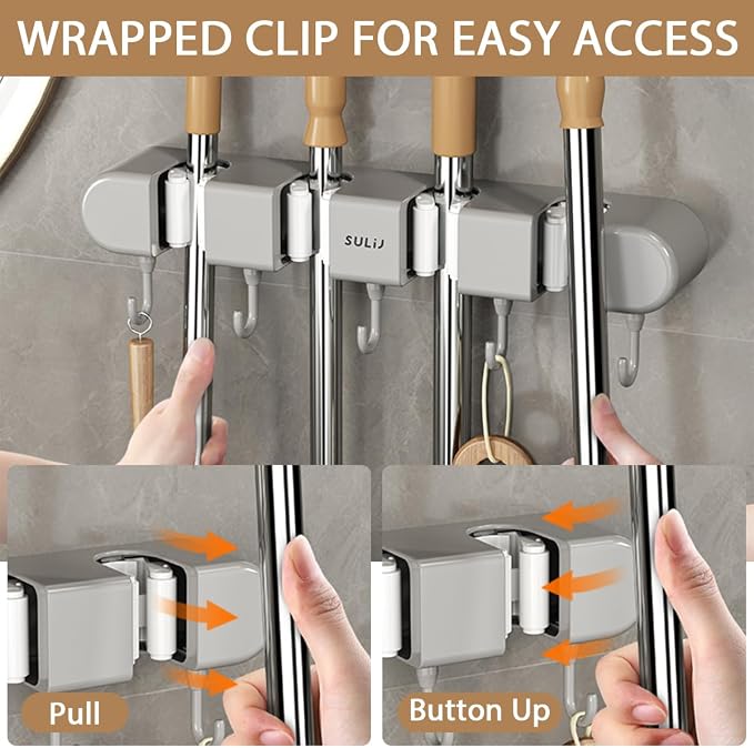 2Pcs Broom Holder Wall Mount, No-Drilling Self-Adhesive Mop and Broom Storage Rack with Hooks (4 Racks with 5 Hooks), Wall-Mounted Broom Hanger for Bathroom, Kitchen, Closet, Garage (Grey) - Image 6
