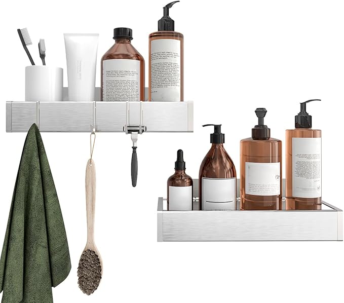 Bathroom Adhesive Shower Caddy Basket Shelf with Hooks, No Drilling Removable Bathroom Shelf Organizer,Stainless Steel Rustproof Shower Rack for Shampoo Storage, Sponge Holder-Silver by Roseyat