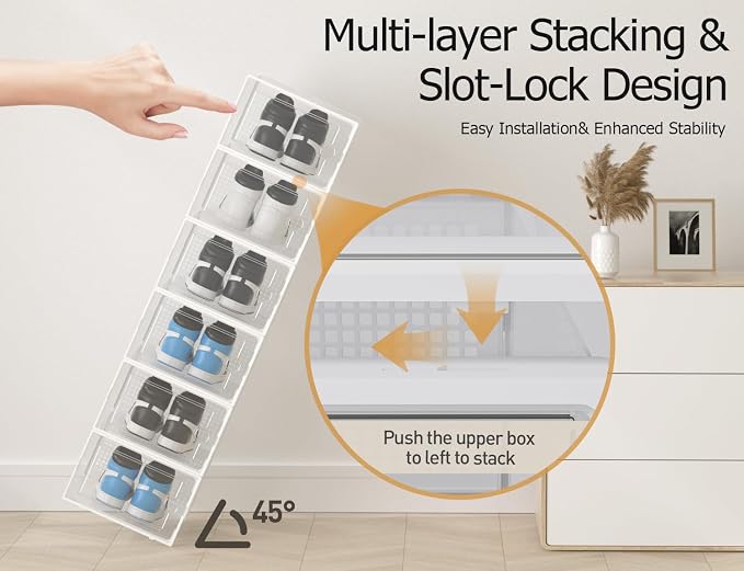 Kuject XX-Large Shoe Storage Boxes 12 Pack, Clear Stackable Shoe Organizer | Shoe Case for Closet, Entryway & Under-Bed Storage, Drop-Front Design, Space-Saving Solution for Family Organization,White - Image 4
