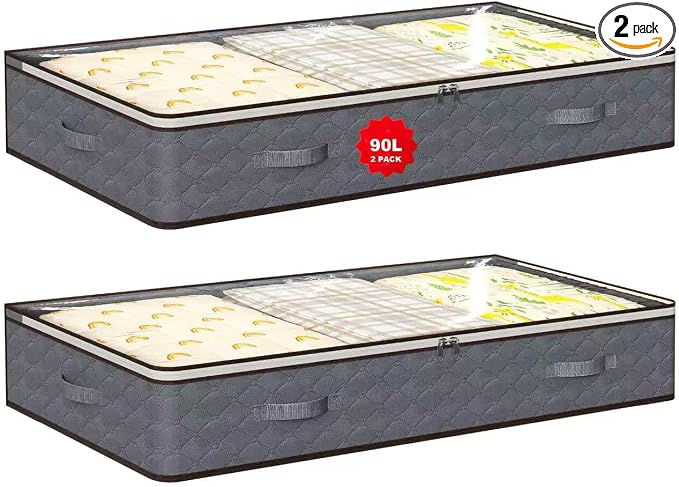 90L Under Bed Storage Containers,2-Pack Closet Organizer Storage Bins,Grey | for Organization and Storage Clothes, Shoes, Blankets & Pillows,Visible Transparent Top Storage Bins with Lids by BOOMIBOO