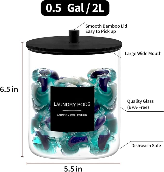 TIPGO Laundry Pods Container with 27 Labels, Glass Jars for Laundry Room Organization, Detergent Holder with Bamboo Lid, Cute Storage Jars, Black (Set of 1) - Image 3