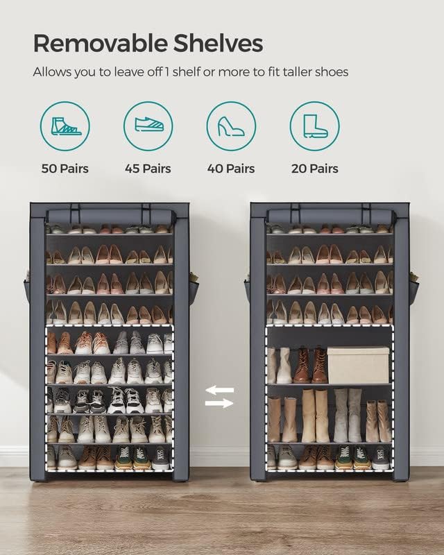 SONGMICS 10-Tier Shoe Rack with Cover, Shoe Storage Cabinet for 40-50 Pairs - Image 5