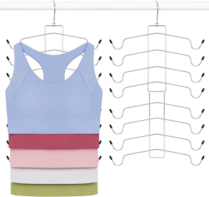 TOPIA HANGER 2 Pack Tank Top Hanger, 8 Layers Bra Hanger Space Saving, Sport Yoga Bras Holder, Closet Organizers and Storage for Camisoles Tank Tops Sports Yoga Bras Swimsuits, Silver CT79B by TOPIAHANGER