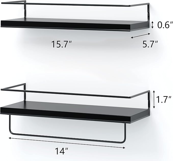 Shario Black Floating Shelves - Set of 2, Wall Mounted Hanging Shelves with Black Towel Rack, Decorative Storage Shelves for Bathroom, Kitchen, Living Room & Bedroom - Image 3