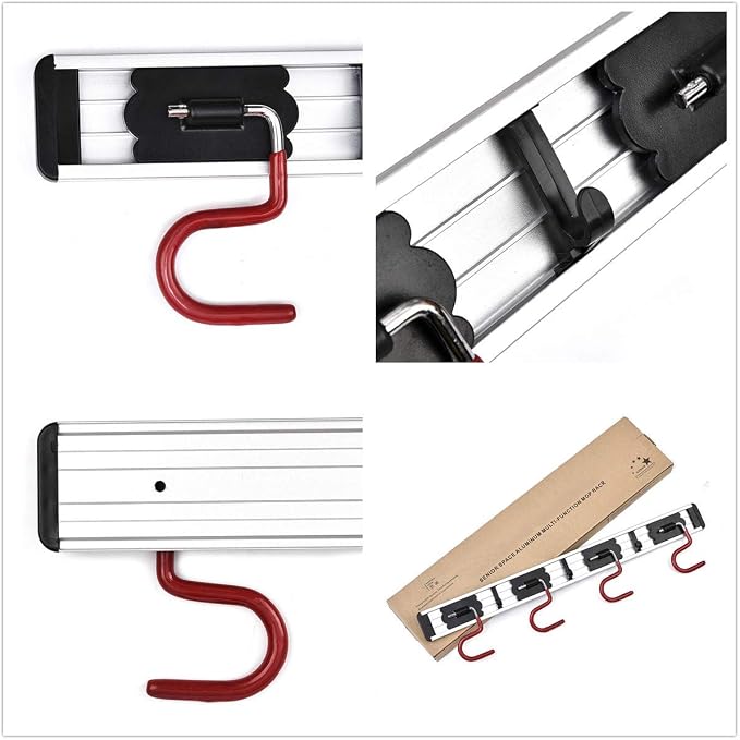 Wall Mounted Mop and Broom Holder Stainless Steel S Type Broom Rack Anti-Slip Mop Organizer (17 Inches,4 Positions 3 Hooks, Red black) (17inch) (Pack of 2) - Image 4