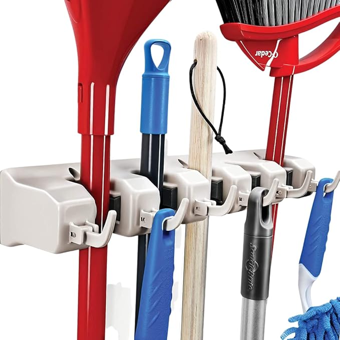 HOME IT Broom and Mop Holder Wall Mount – Heavy Duty Garage Organizer with 5 Slots & 6 Hooks, 7.5lbs Capacity Per Slot - Easy Install Storage Rack for Home, Kitchen, Laundry Room & Garden - Off-White by HOMEIT