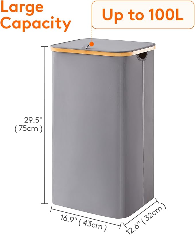 Lifewit 105L Laundry Basket with Lid, Clothes Hampers for Laundry with Bamboo Handles and 1 Removable Bag, Large Foldable Laundry Hamper for Bedroom, Bathroom, Dorm, Laundry Room, Gray - Image 4