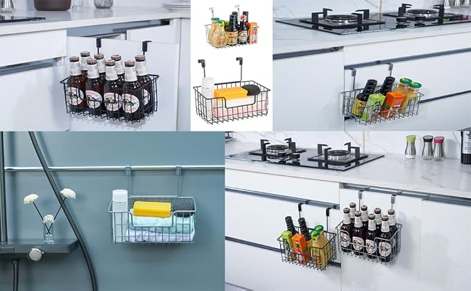 JUNCHU CHERRY Wire Hanging Storage Basket 2 Packs, Wall Mounted Kitchen Bathroom Storage Basket, Multi-Functional, No Punching, Strong Bearing, Chrome - Image 4