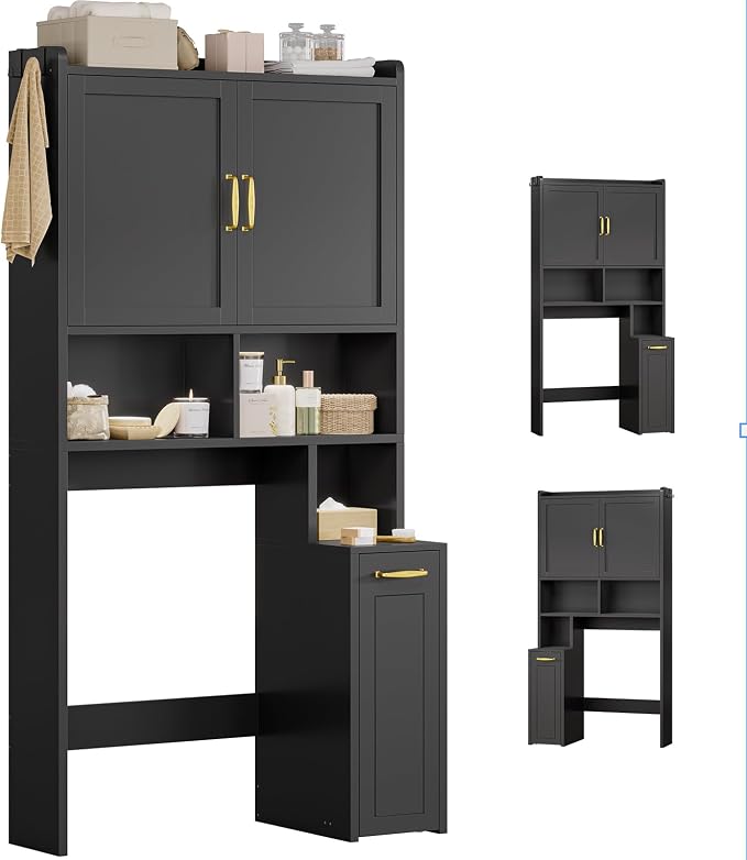UPOSOJA Over The Toilet Storage Cabinet with Pulley Bathroom Storage Cabinet, Space Saver W/Adjustable Shelf & Open Shelf for Bathroom, Restroom, Laundry (Black) - Image 9