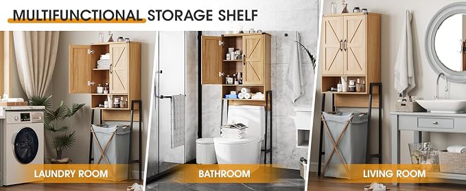 Vabches Over The Toilet Storage Cabinet with 2-Door Design Bathroom Organizers and Storage with Anti-Tip Device Over Toilet Organizer with Shelves for Bathroom,Restroom,Laundry Natural - Image 9