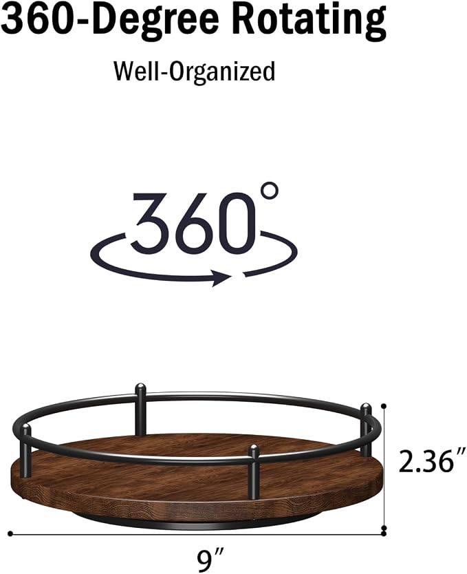 Lazy Susan Organizer：9 Inch Rotating Spice Rack for Kitchen Countertop Round Wooden Turntable Holder for Cabinet, Dining Table, Cupboard Storage – Black - Image 3