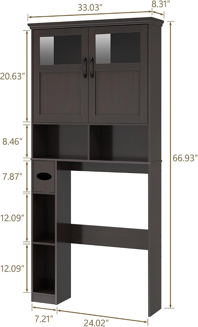 Vabches Over The Toilet Storage Cabinet with Doors & Paper Holder, Espresso - Image 2