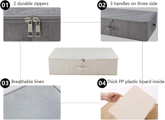 Folding Underbed Shoes Clothes Storage Organizer Basket with Zip Lid,Beige - Image 2