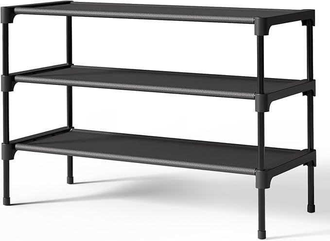 Kitsure Shoe Rack - Non-Woven Shoe Rack Shelf, 27.5" Wide - 3 Tier, Black | Shoe Organizer for Closet, Entryway, Garage, Stackable Shoe Shelves, college dorm&apartment essentials by Kitsure