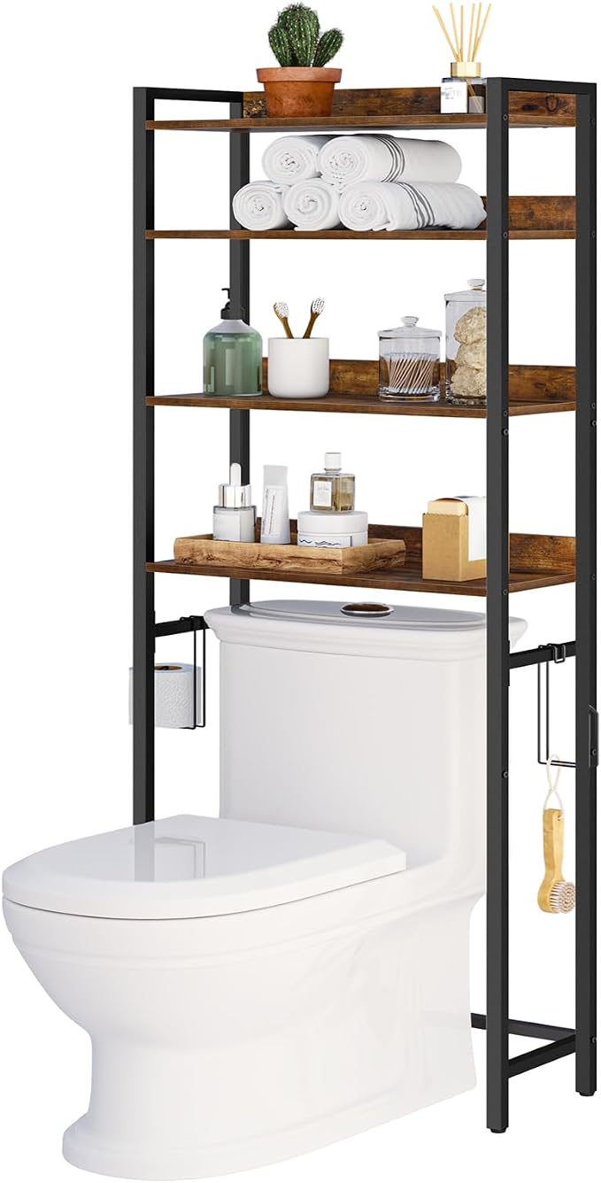 MAHANCRIS Over The Toilet Storage Rack, 4 Tier Bathroom Organizer Over Toilet, Freestanding Space Saver Toilet Stand with 2 Hooks, Bathroom Storage Shelf, Easy to Assemble, Rustic Brown TSHR0401Z - Image 8