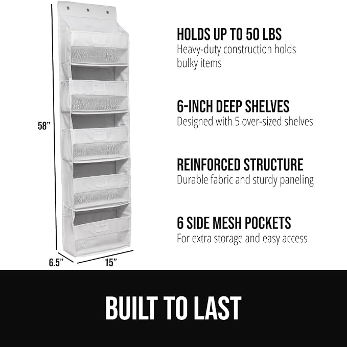 GORILLA GRIP Over The Door Organizer Storage, 5 Deep Hanging Shelves, Holds 50lbs, Closet Organizers Shelf for Bedroom, Shoes, Bathroom, Nursery, Dorm Essentials, 3 Metal Hooks, 58x15 Inches, White - Image 2