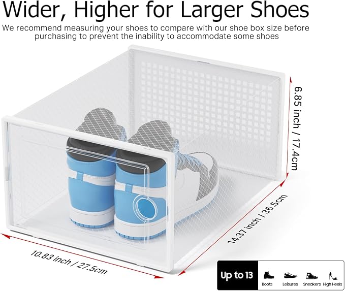 Kuject XX-Large Shoe Storage Boxes 12 Pack, Clear Stackable Shoe Organizer | Shoe Case for Closet, Entryway & Under-Bed Storage, Drop-Front Design, Space-Saving Solution for Family Organization,White - Image 2