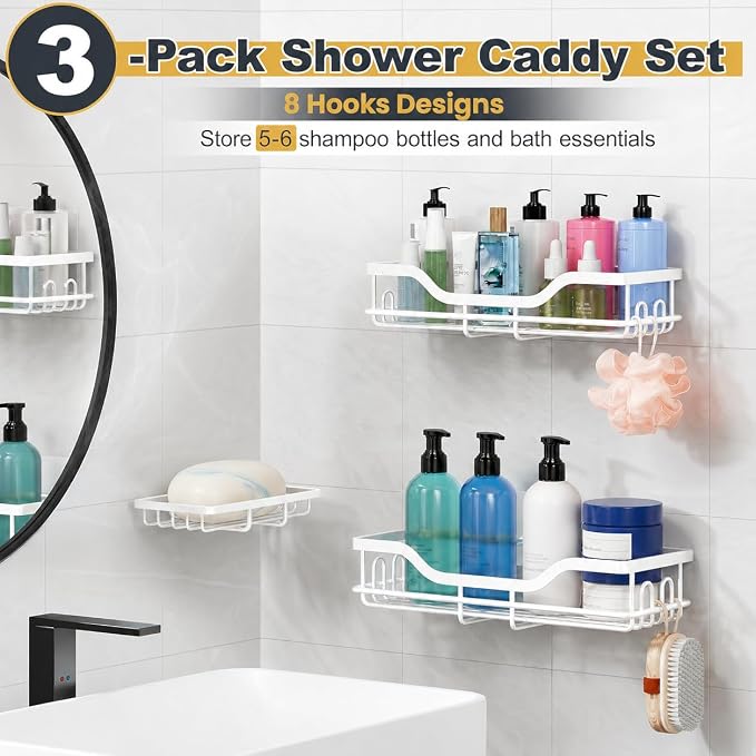 OMAIRA 3-Pack Shower Caddy with Soap Holder, Adhesive Rustproof No-drill Strudy Loading Inside Shower Organizer Shelves Rack Storage Bathroom Organization for Smooth Wall Glass Tile, White - Image 4