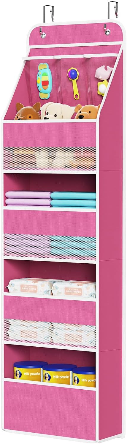 Univivi Fabric Over Door Hanging Organizer for Baby Nursery, Pink, 5-Shelf by Univivi