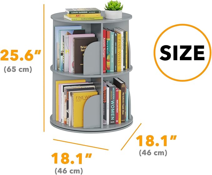 SpaceAid 2 Tier Rotating Bookshelf Tower, Spinning Bookcase Lazy Susan, Revolving 360 Book Shelf Storage Round Carousel, Vertical Rotate Turning Spiral Corner Organizer, Gray - Image 2