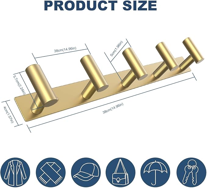 VAEHOLD Hat and Coat Wall Mount Rack - Hooks for Robes, Bags, Keys, and Towels - Bathroom Towel Hanger Organizer (Gold, “T“ Shape 5 Hooks 1 Pack) - Image 7