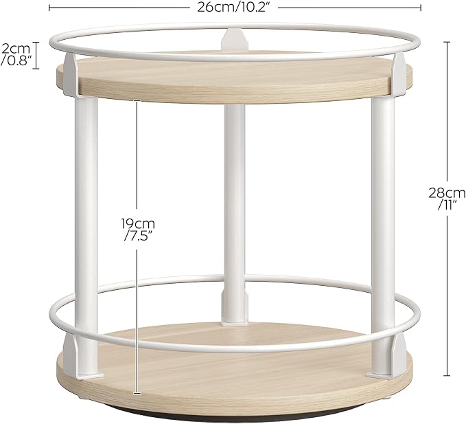 YATINEY Lazy Susan Organizer, Rotating Spice Rack, 2 Tier Spice Turntable Organizer, Industrial Turntable Spice Holder, for Kitchen Countertop, Compact and Versatile, White and Light Oak SR22WG - Image 8