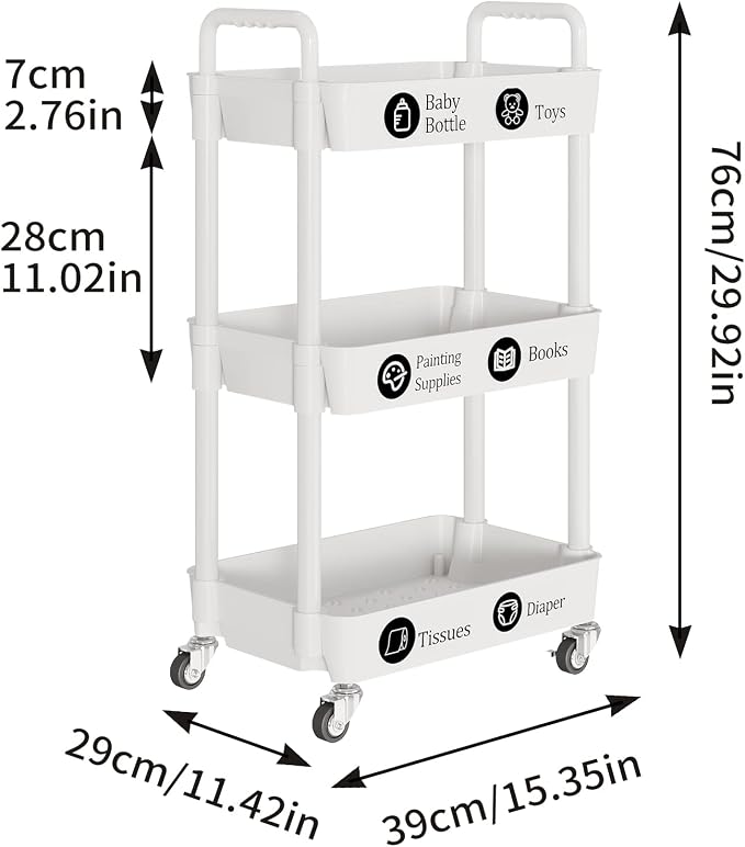 Laiensia 3-Tier Rolling Cart with Wheels,Multifunction Utility Storage Carts, Kitchen Storage Organizer,Mobile Shelving Unit for Bathroom,Laundry,with Classified Stickers,White - Image 2
