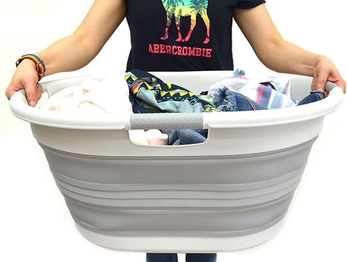 SAMMART 57L (15 Gallons) Collapsible 3-Handled Plastic Laundry Basket - Oval Tub - Portable Washing Tub-Space Saving Laundry Hamper, Water Capacity 44L / 11.6 Gallon (2, Grey/Grey) - Image 8