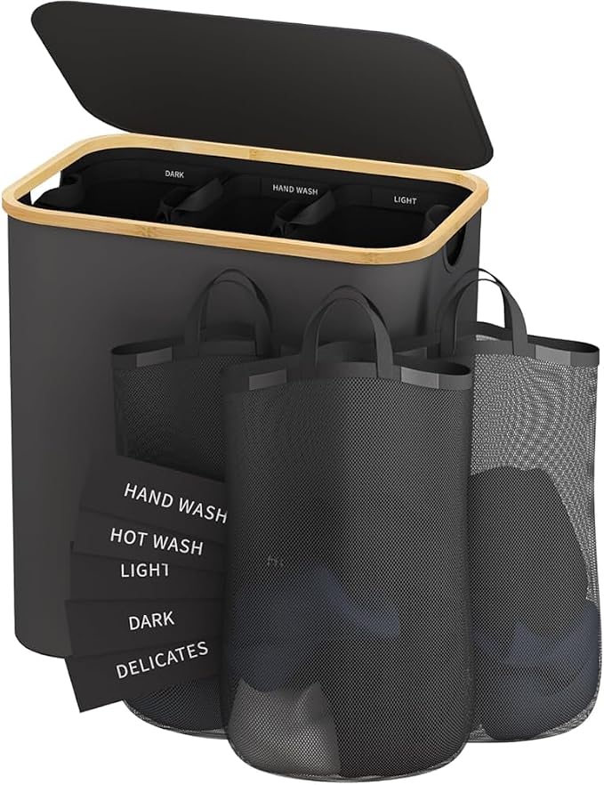 145L Laundry Hamper with Lid, 3 Section Laundry Basket with 3 Removable Bag by Bathola