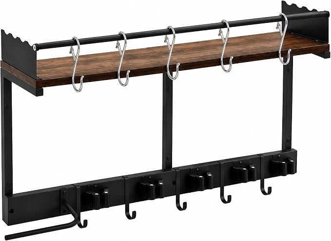 Broom Holder Wall Mount, Broom and Mop Organizer Wall Hanging with Vacuum Stand and & Hooks, Heavy Duty Laundry Organization & Storage, Utility Racks with Wood Shelf & Guard (L) - Image 8