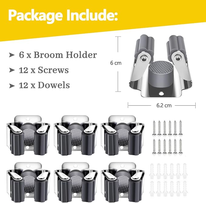 Verdenu 6 Pack Broom Holder Wall Mount, Mop and Broom Holder Wall Mount, Stainless Steel Command Broom Holder with Screws, Garden Tool Storage Organizer for Kitchen, Home, Bathroom, Garage, Grey - Image 2