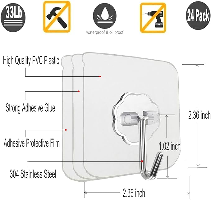 24 Pack Adhesive Wall Hooks 33LB Heavy Duty No Drill Clear Sticky Hooks - Image 2